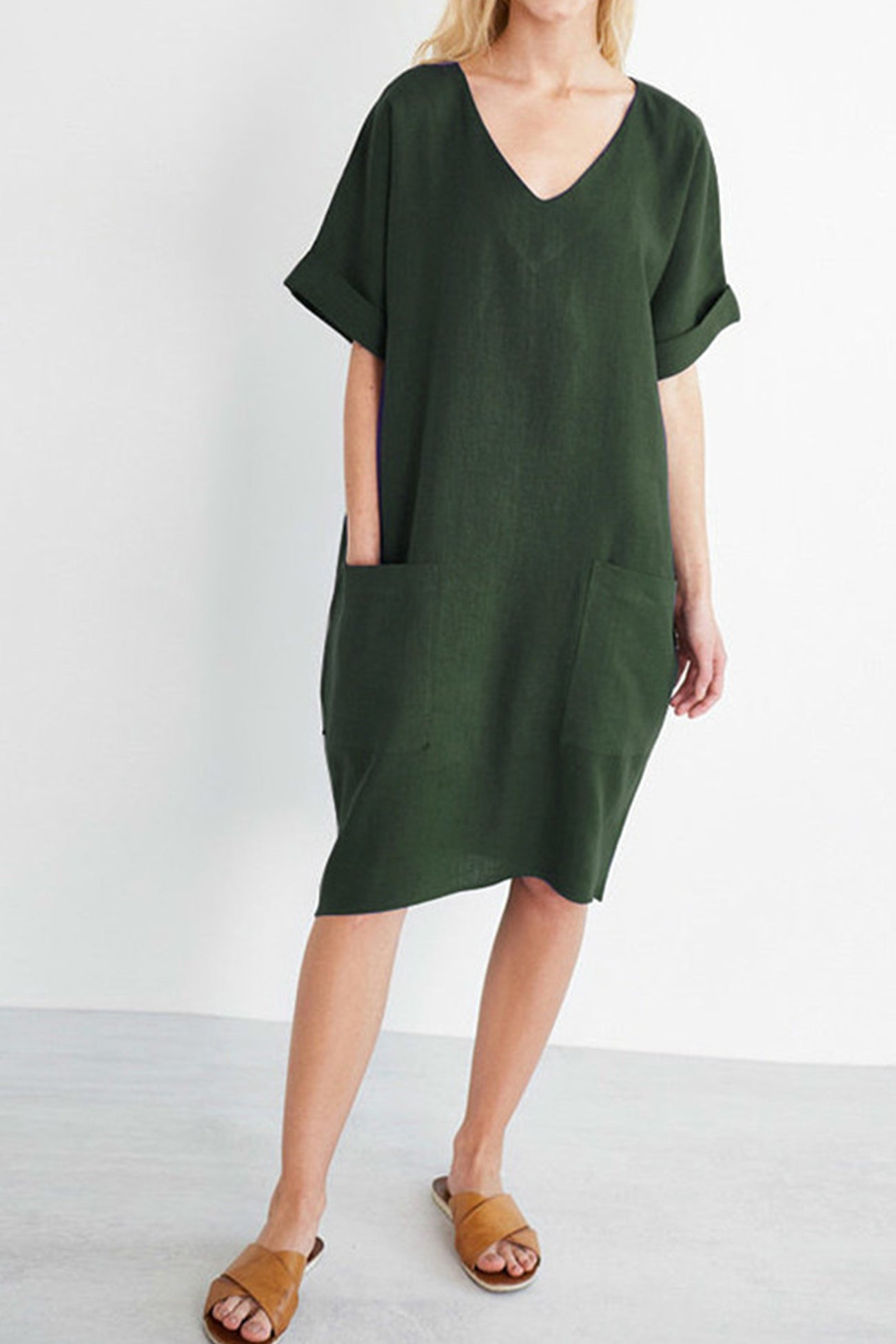 V-Neck Short Sleeve Pocketed Cotton Dress