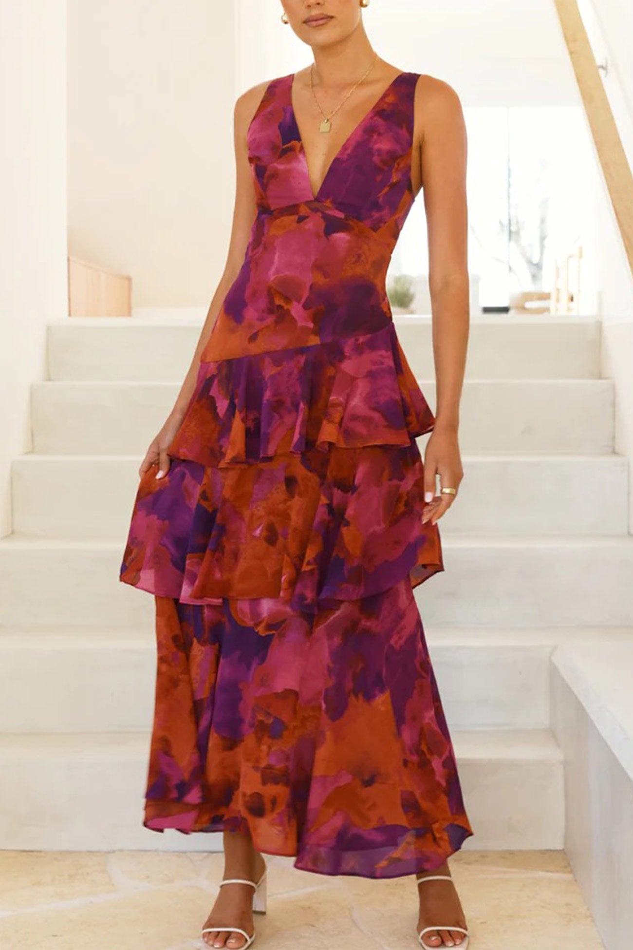 Floral Print Tie-up Back Chiffon Tiered Dress