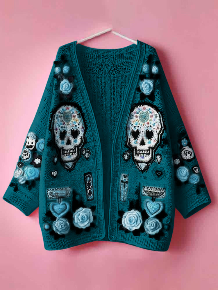 Women's Day Of The Dead Skull Rose Heart Pattern Sweater Cardigan