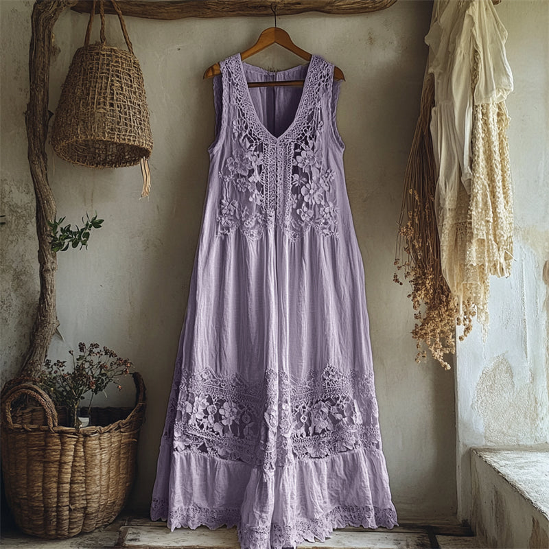 Vintage Floral Hollow Lace Patchwork Linen Maxi Dress