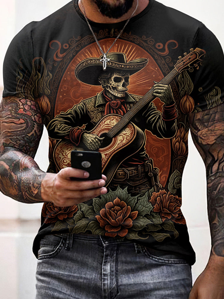 Mariachi Day Of The Dead Guitar Player Art Pattern Print Cotton Graphic T-Shirt
