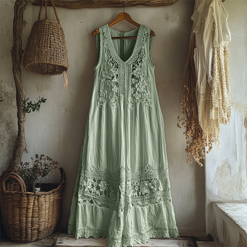 Vintage Floral Hollow Lace Patchwork Linen Maxi Dress