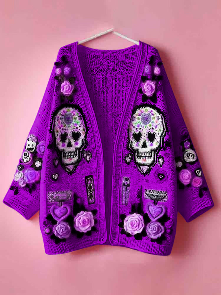 Women's Day Of The Dead Skull Rose Heart Pattern Sweater Cardigan