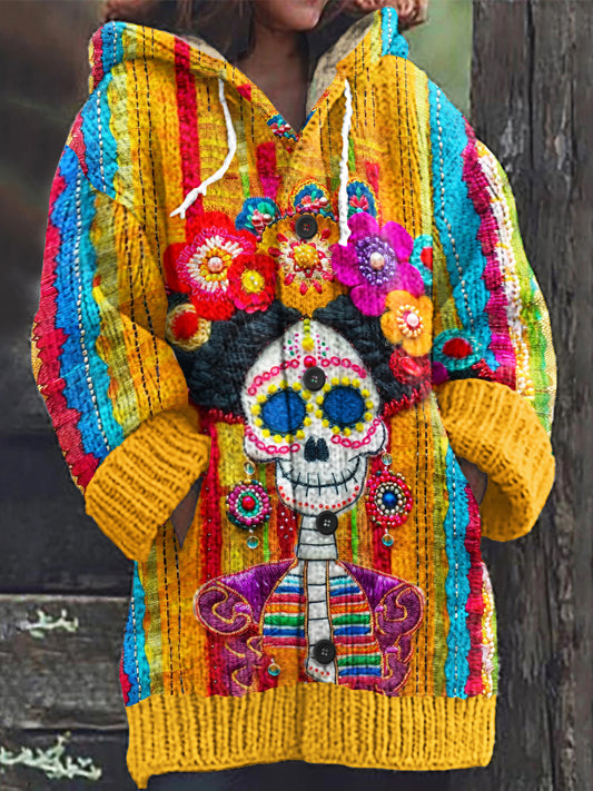 Vintage Mexican Sugar Skeleton Catrina Day Of The Dead Inspired Print Women's Sweater