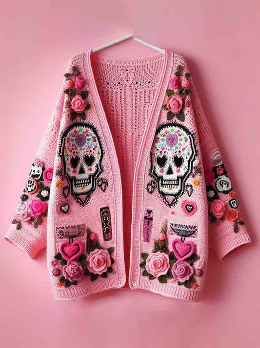 Women's Day Of The Dead Skull Rose Heart Pattern Sweater Cardigan