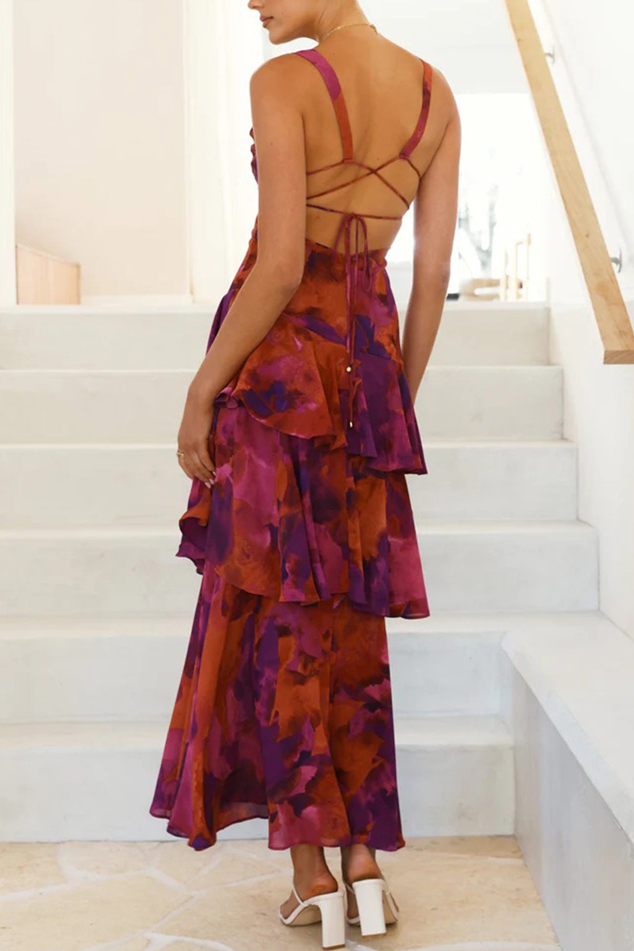 Floral Print Tie-up Back Chiffon Tiered Dress