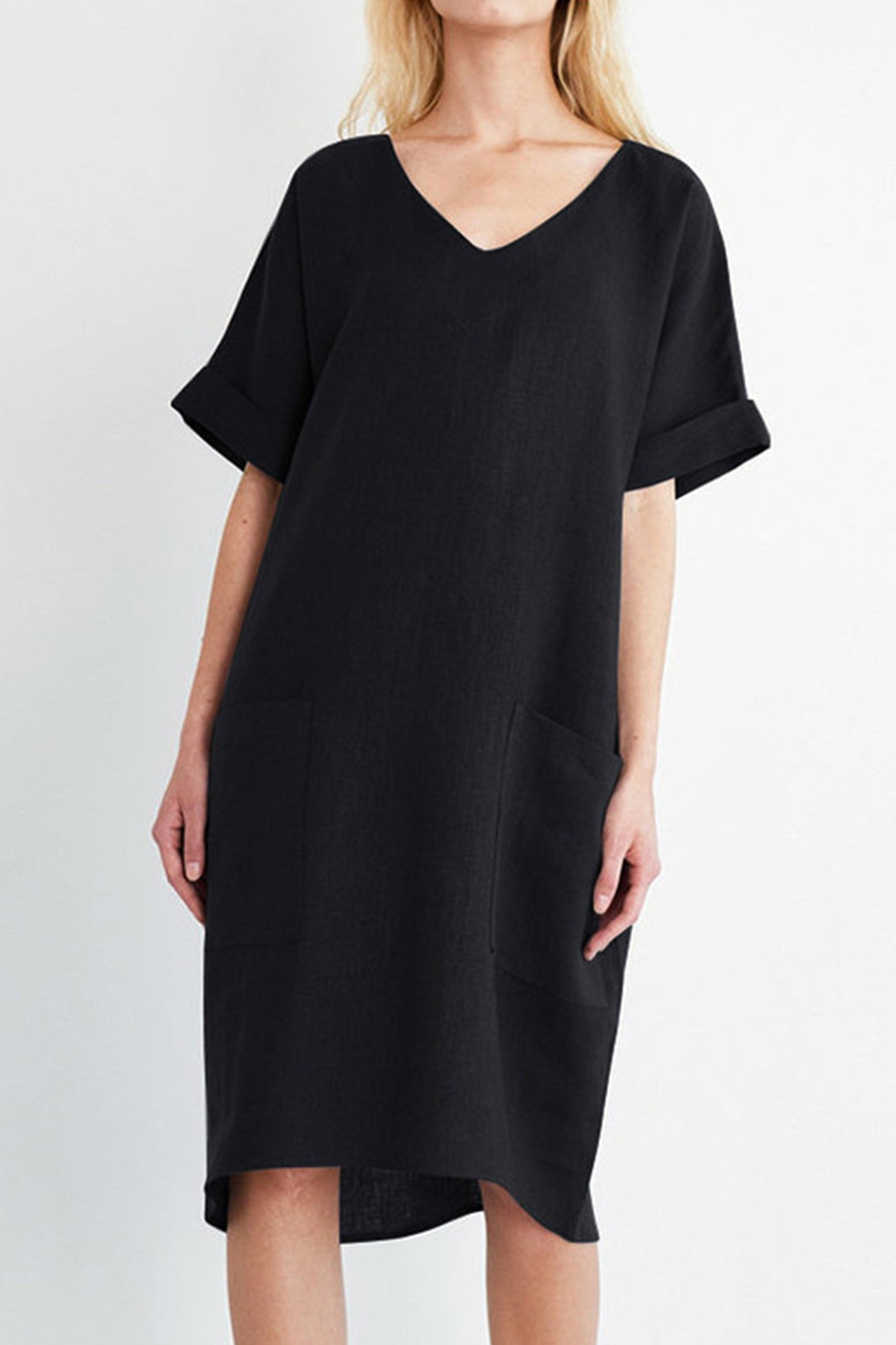 V-Neck Short Sleeve Pocketed Cotton Dress