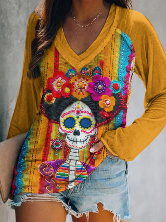 Women's Mexican Sugar Skeleton Catrina Day Of The Dead Inspired Pattern Art Print Casual Long Sleeve T-Shirt