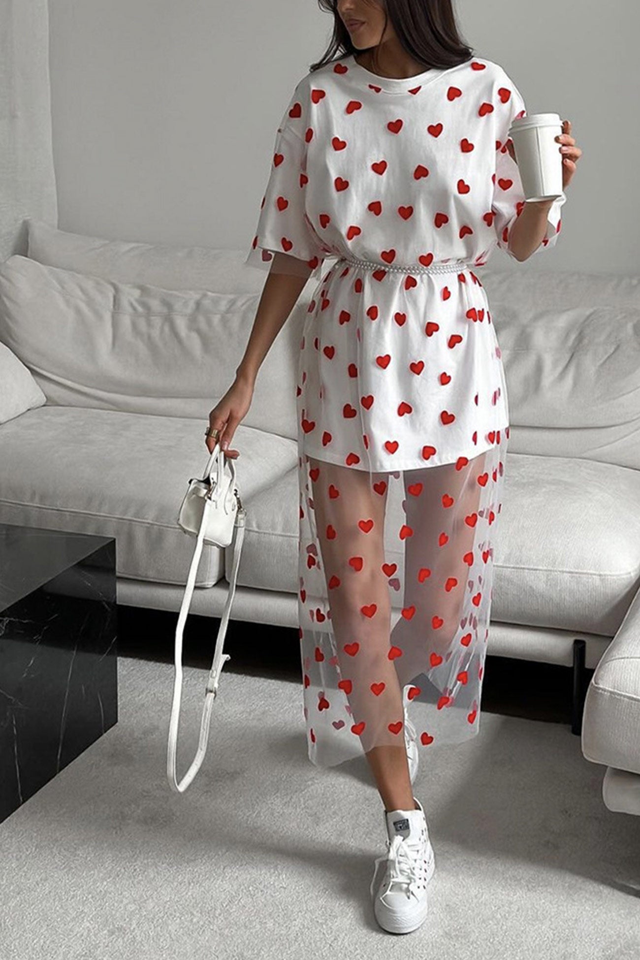 Heart Print Mesh Patchwork T-shirt Dress