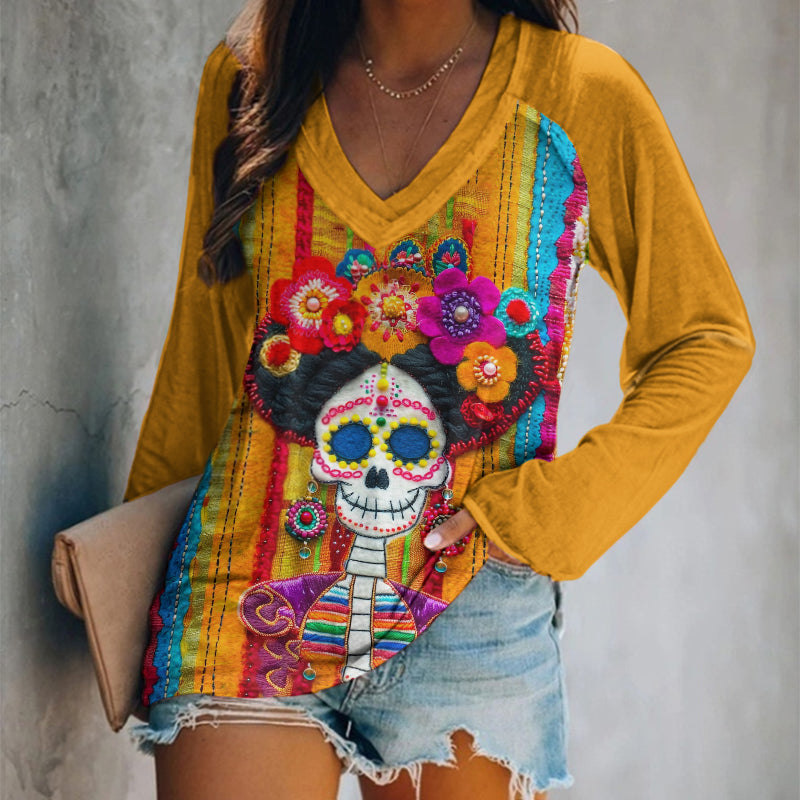 Women's Mexican Sugar Skeleton Catrina Day Of The Dead Inspired Pattern Art Print Casual Long Sleeve T-Shirt