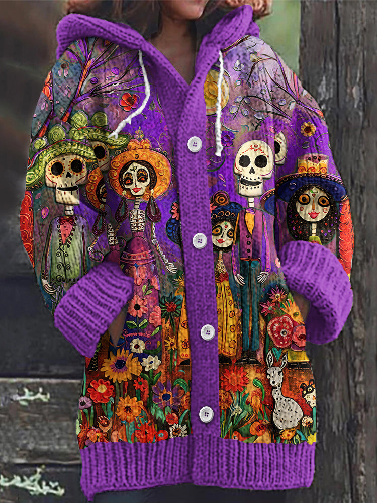 Vintage Mexican Day Of The Dead Skull Knit Cardigan Sweater