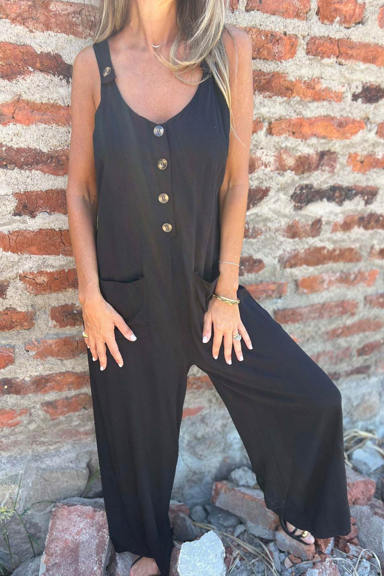 Button Closure Backless Loose Overalls
