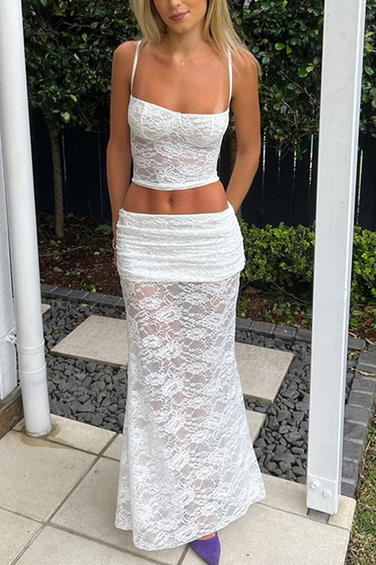 Lace Tie-up Cami Vest Skirt Set