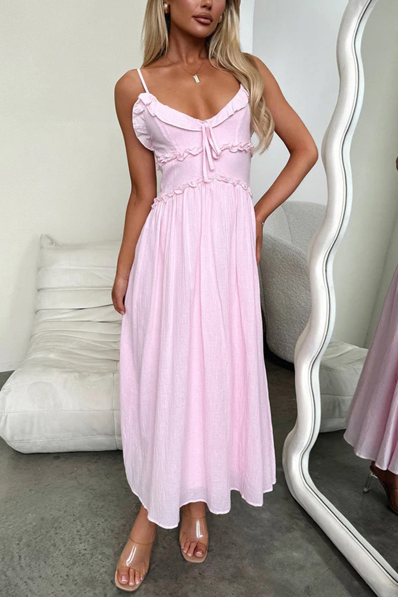 Low Cut Ruffle Cami Midi Dress