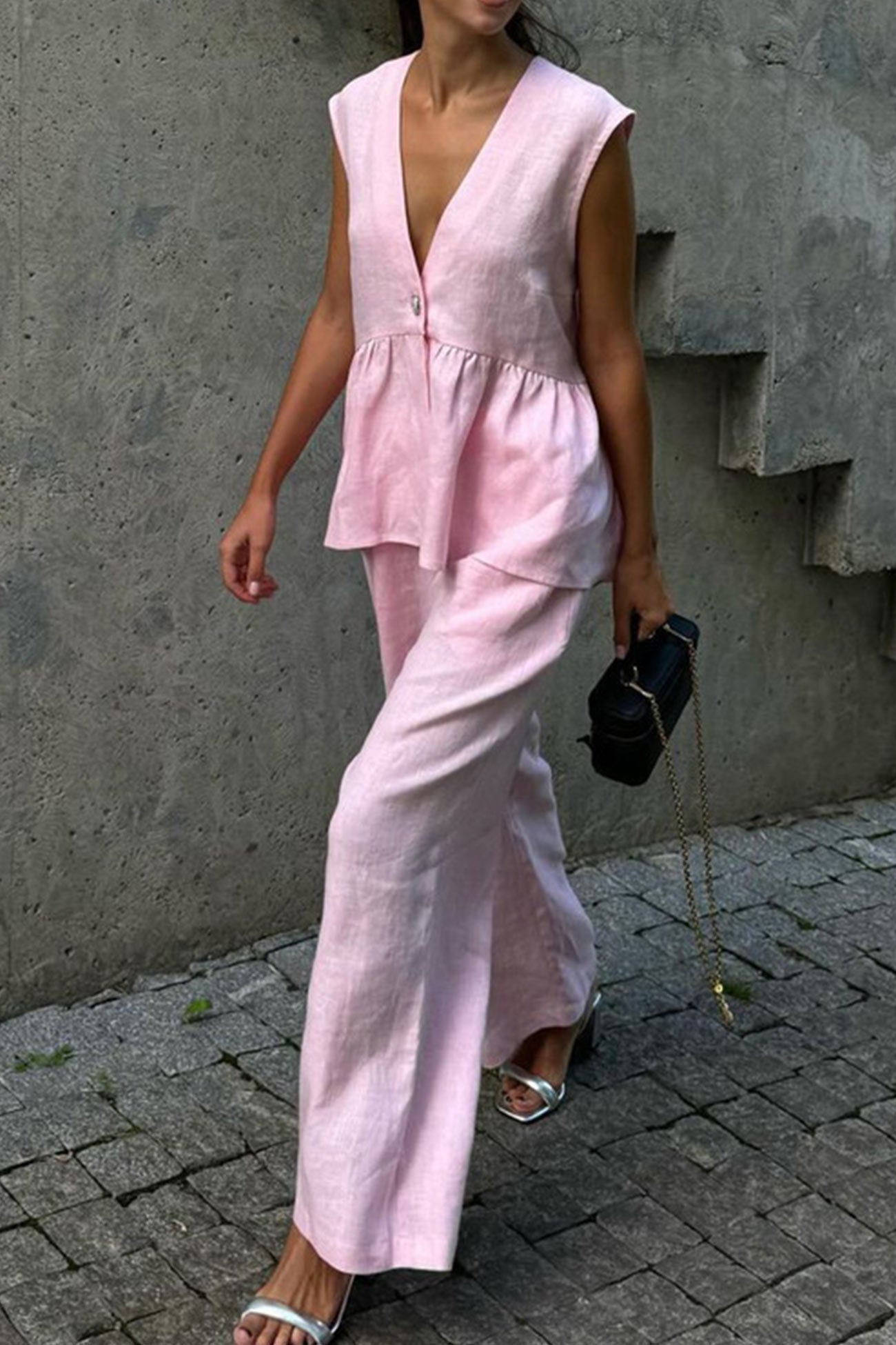 V Neck Cotton Loose Vest Pants Set