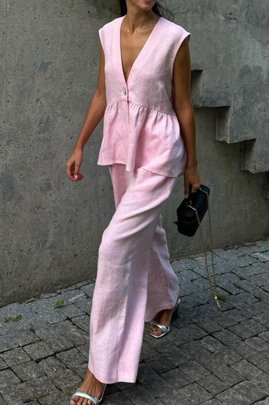 V Neck Cotton Loose Vest Pants Set