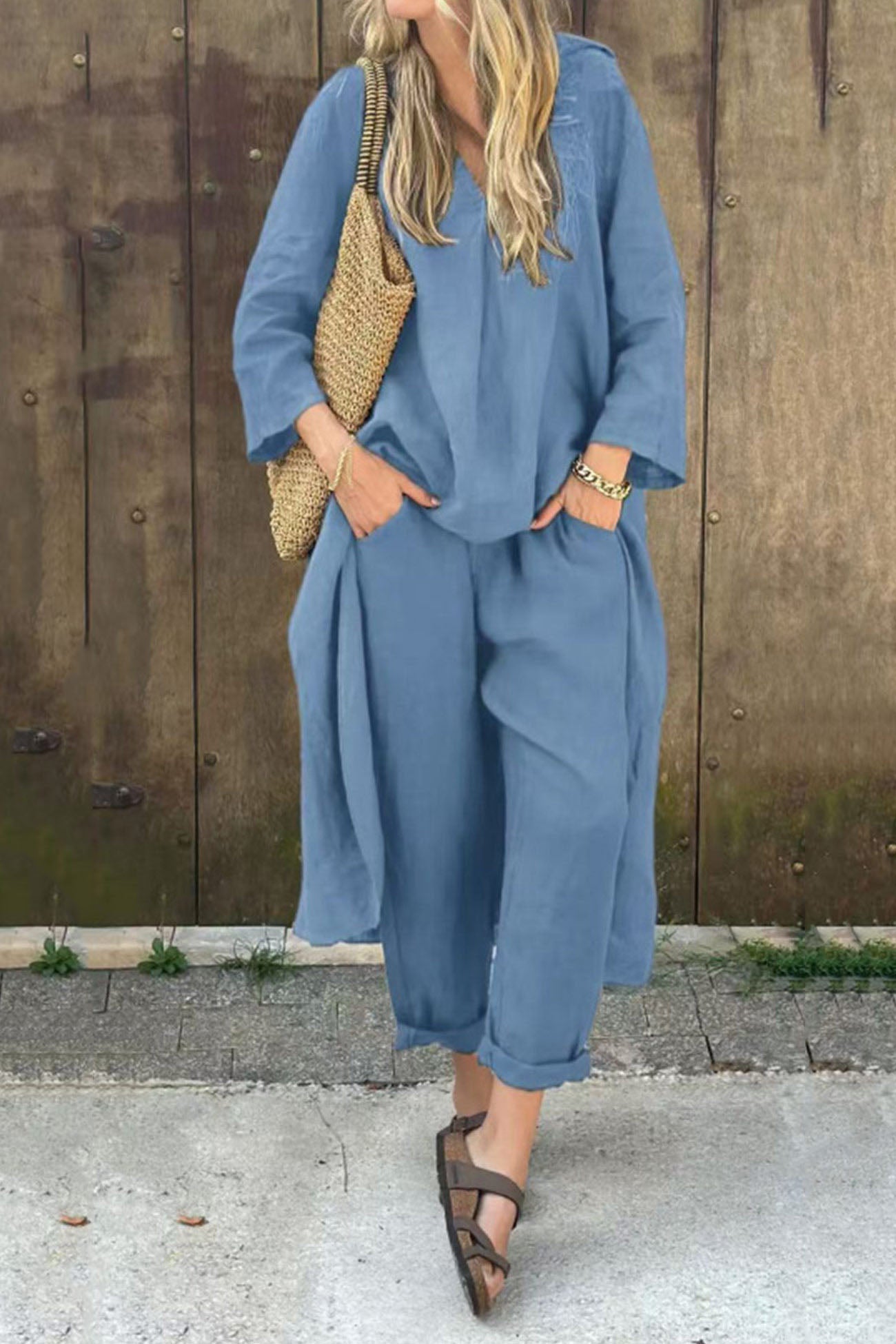 V Neck High Low Shirt Pants Set