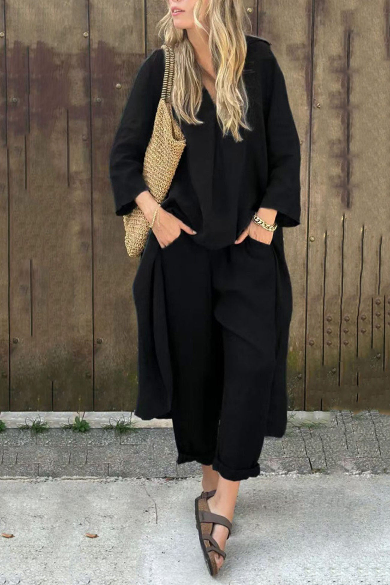 V Neck High Low Shirt Pants Set