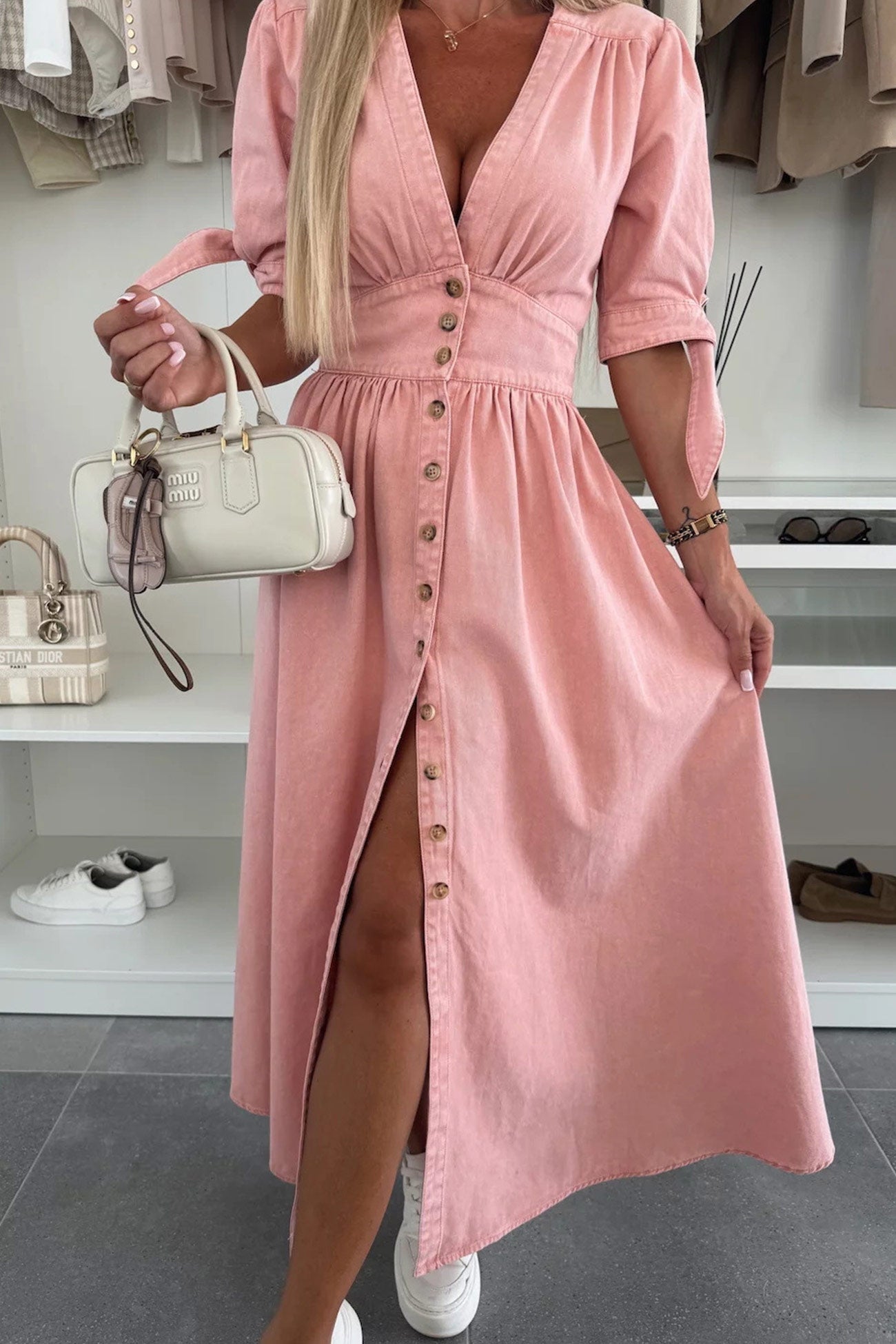 V-neck Single-breasted Denim Dress