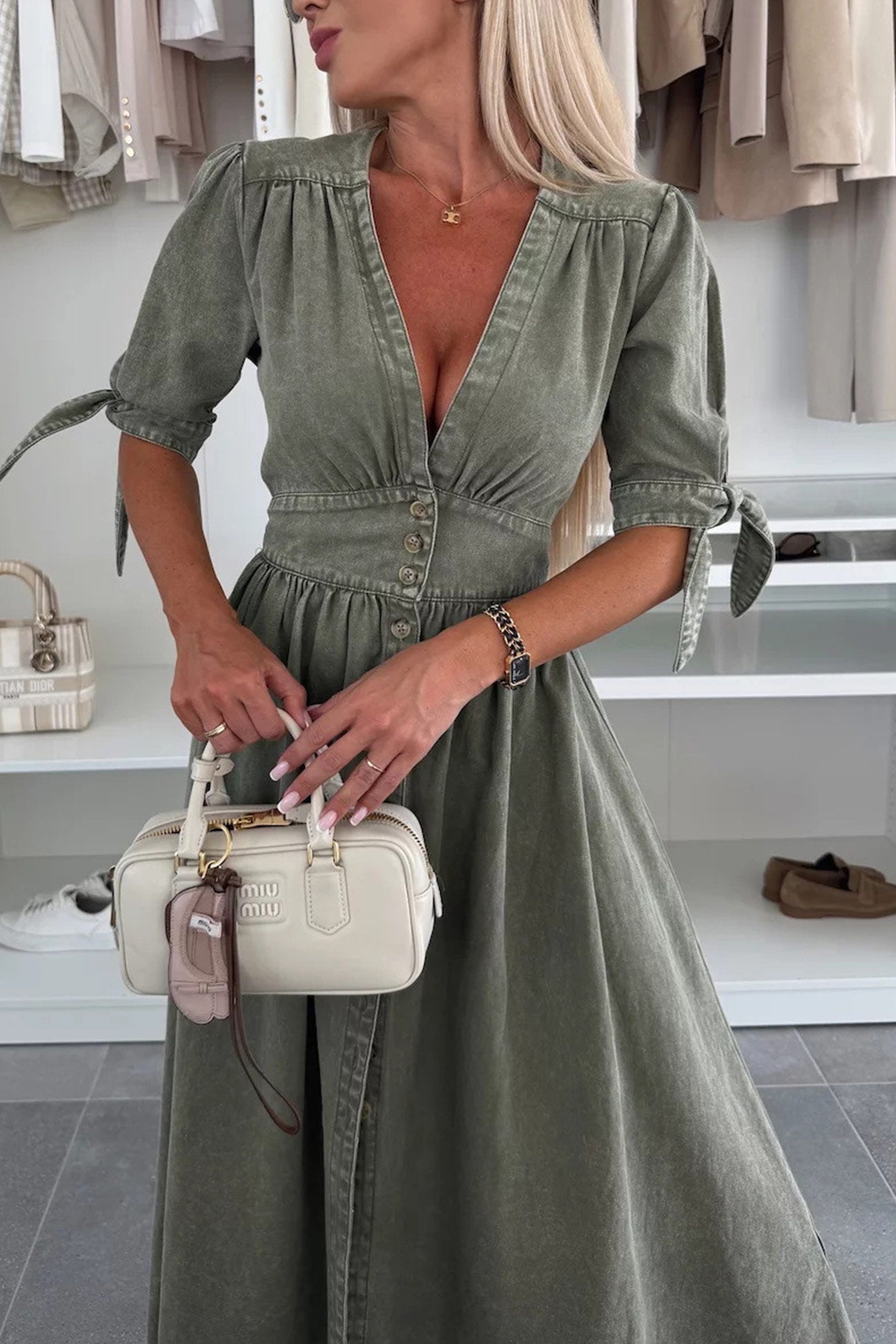 V-neck Single-breasted Denim Dress