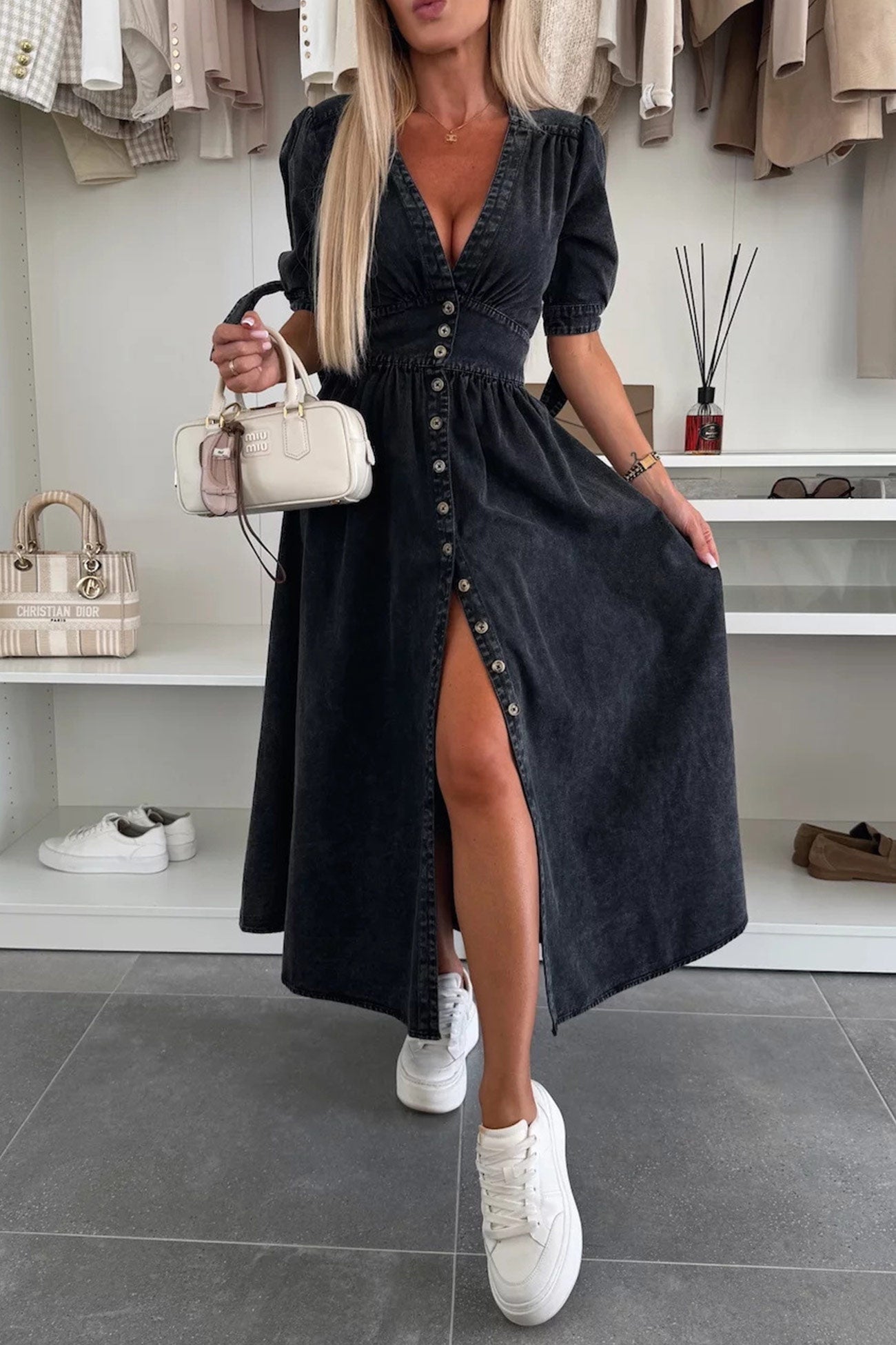 V-neck Single-breasted Denim Dress