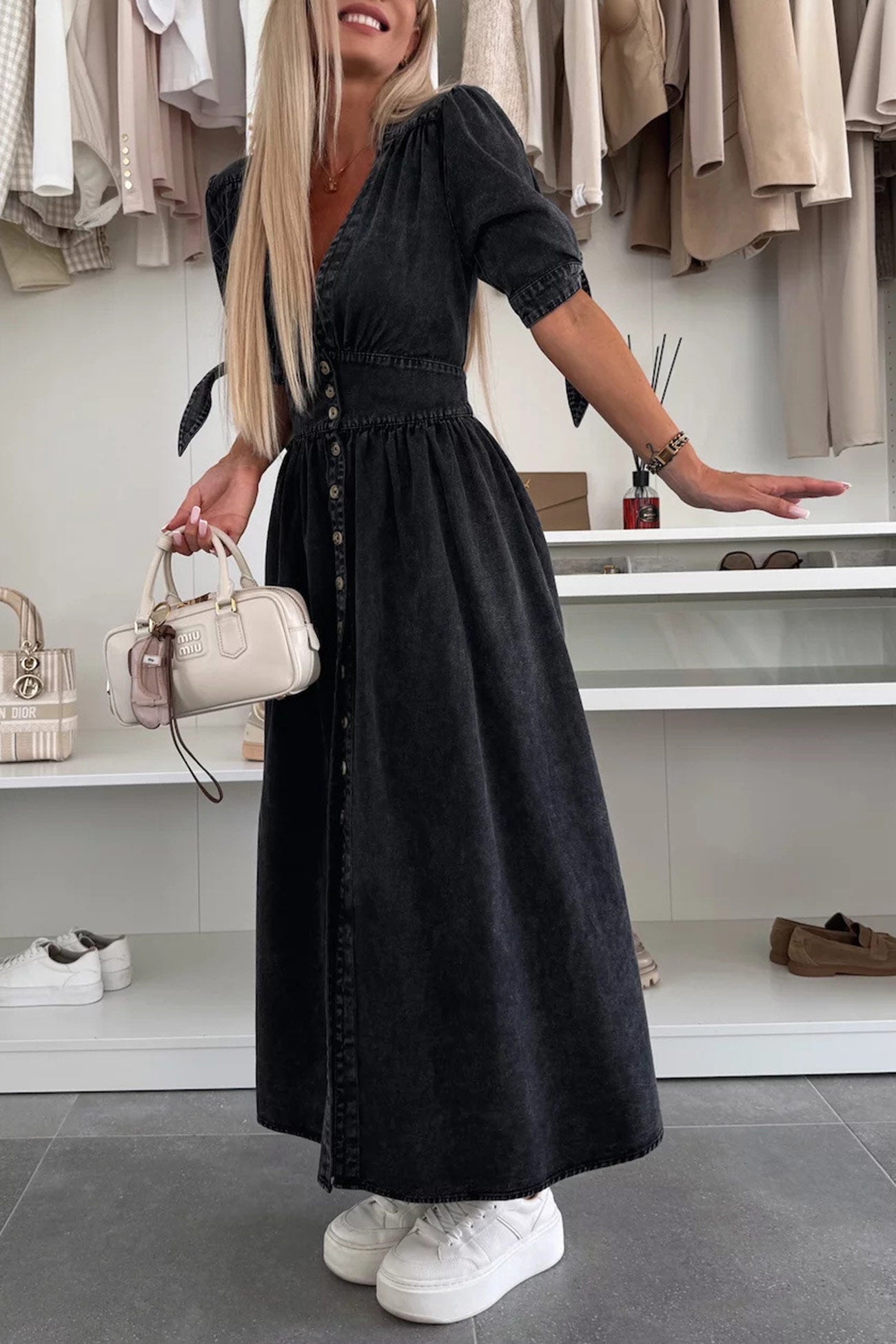 V-neck Single-breasted Denim Dress