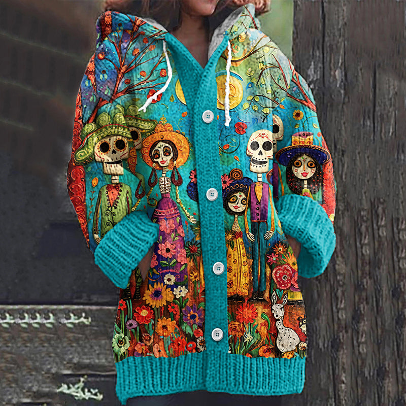 Vintage Mexican Day Of The Dead Skull Knit Cardigan Sweater