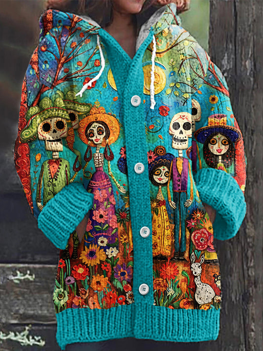 Vintage Mexican Day Of The Dead Skull Knit Cardigan Sweater