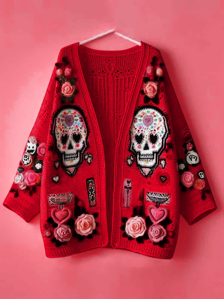 Women's Day Of The Dead Skull Rose Heart Pattern Sweater Cardigan