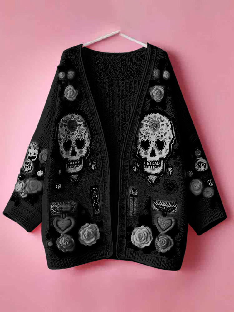 Women's Day Of The Dead Skull Rose Heart Pattern Sweater Cardigan