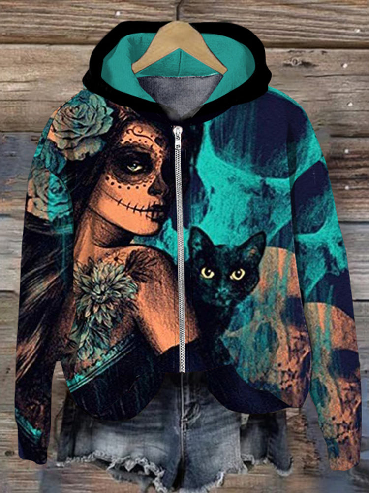 Mexican Day Of The Dead Catrina Huasteca And Black Cat Art Casual Zip-Up Hoodie