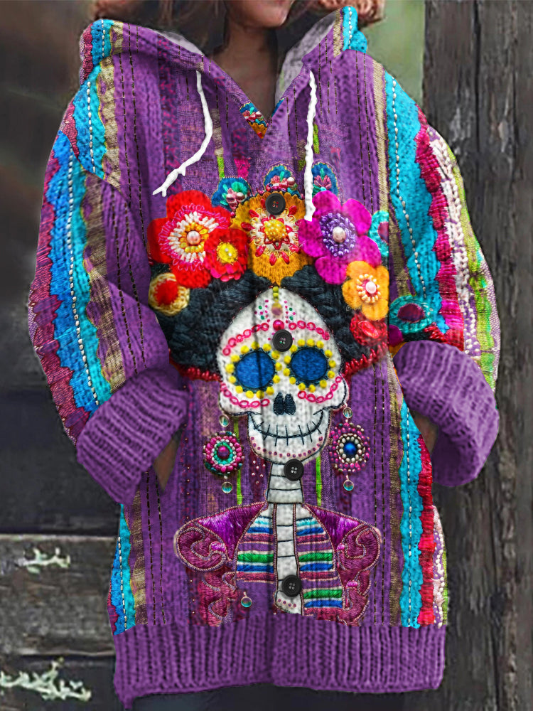 Vintage Mexican Sugar Skeleton Catrina Day Of The Dead Inspired Print Women's Sweater