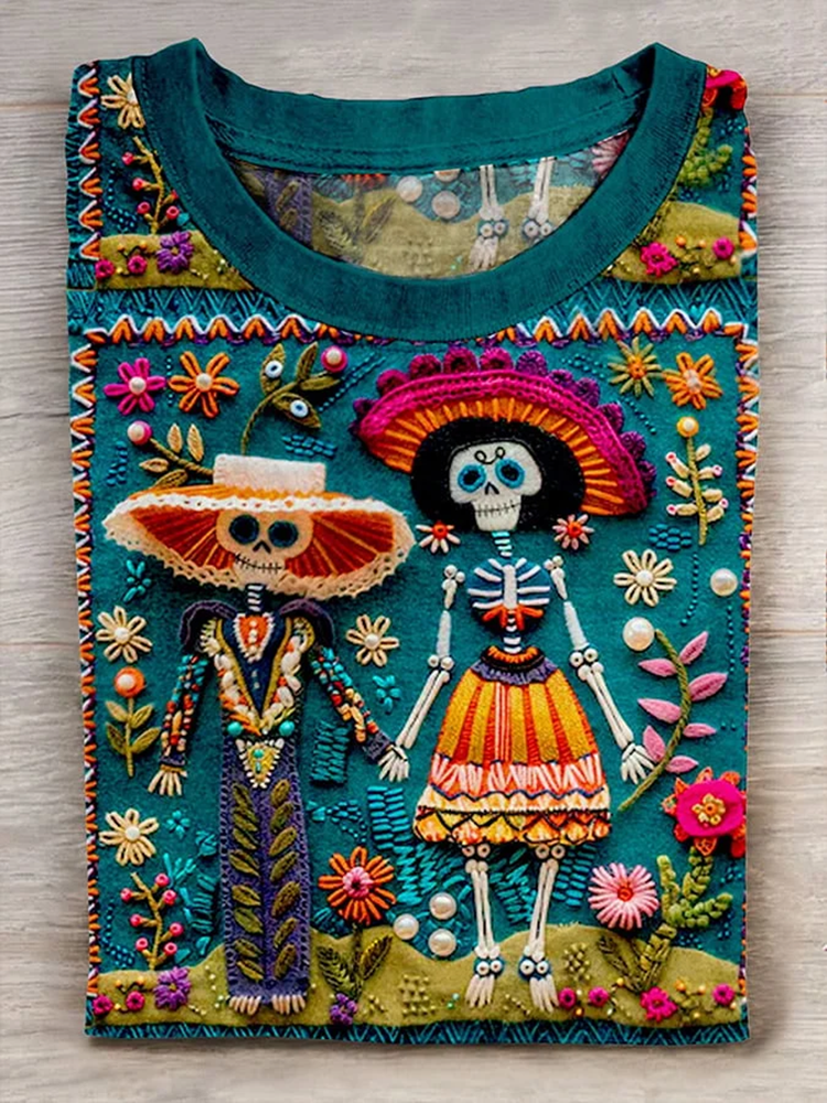 Mexican Catrina Day Of The Dead Sugar Skeleton Inspired Cotton Graphic T-Shirt