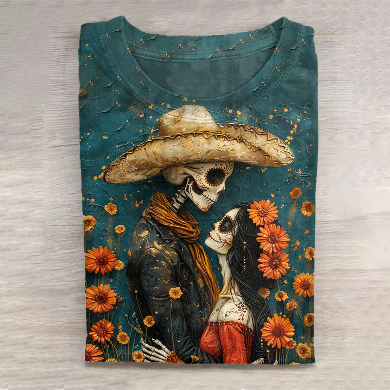 Mexican Day Of The Dead Dia De Los Muertos Couple Graphics Short Sleeve T-Shirt