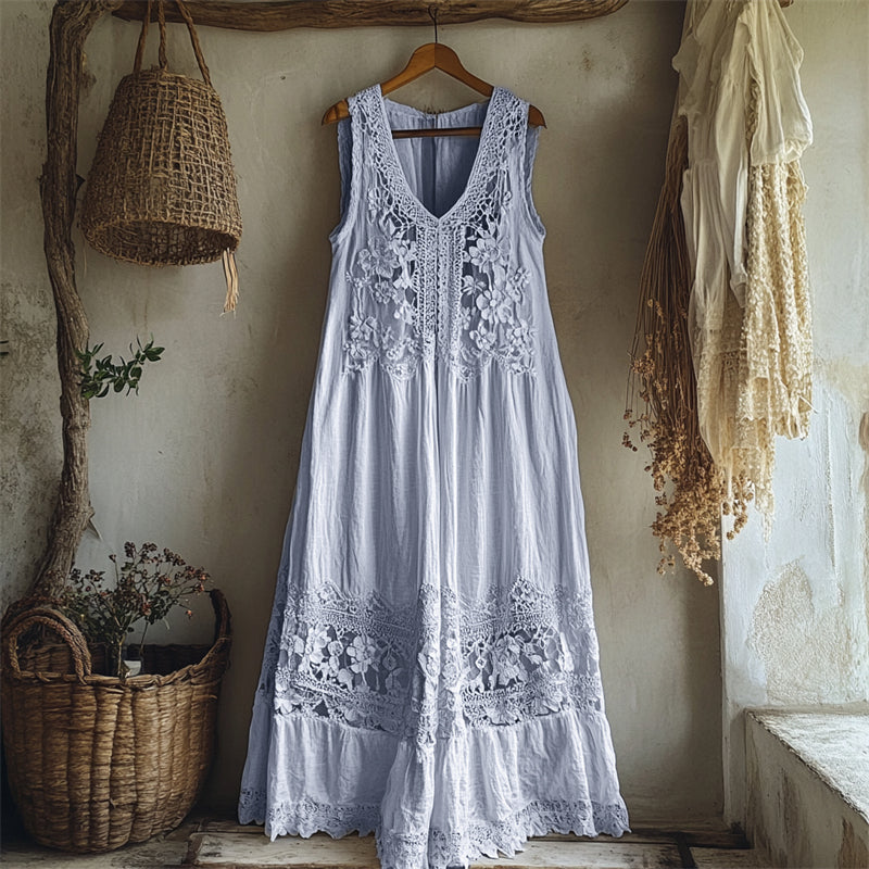 Vintage Floral Hollow Lace Patchwork Linen Maxi Dress
