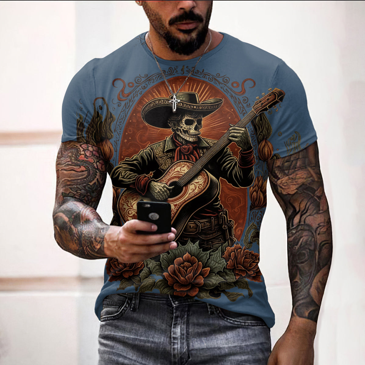 Mariachi Day Of The Dead Guitar Player Art Pattern Print Cotton Graphic T-Shirt